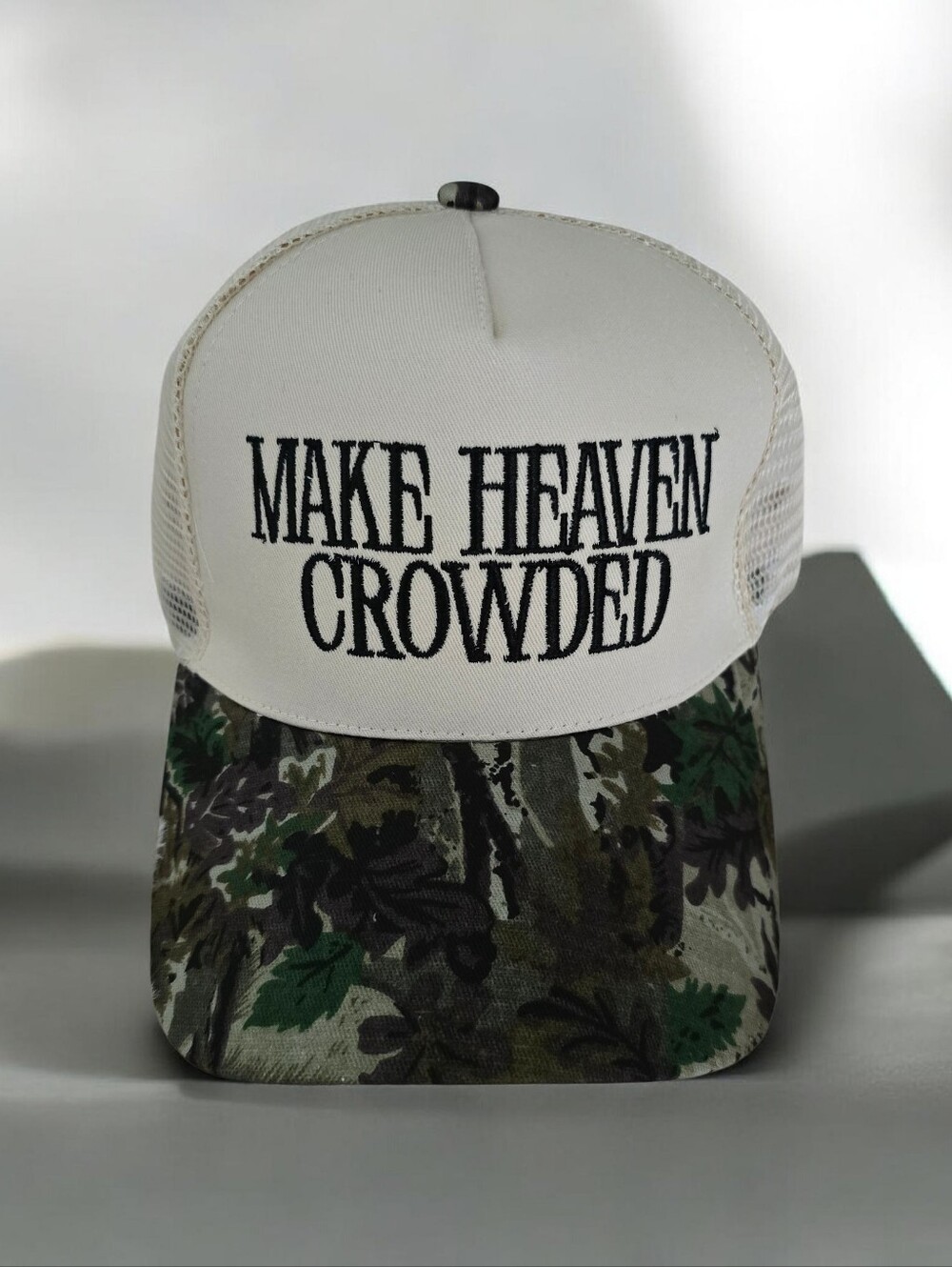 Make Heaven Crowded Embroidered Camo Snapback Trucker Cap, NEW